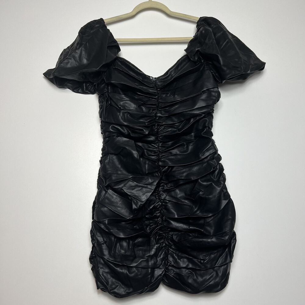 Naked Wardrobe The Statement Faux Leather Ruched Puff Sleeves Mini Dress Size L